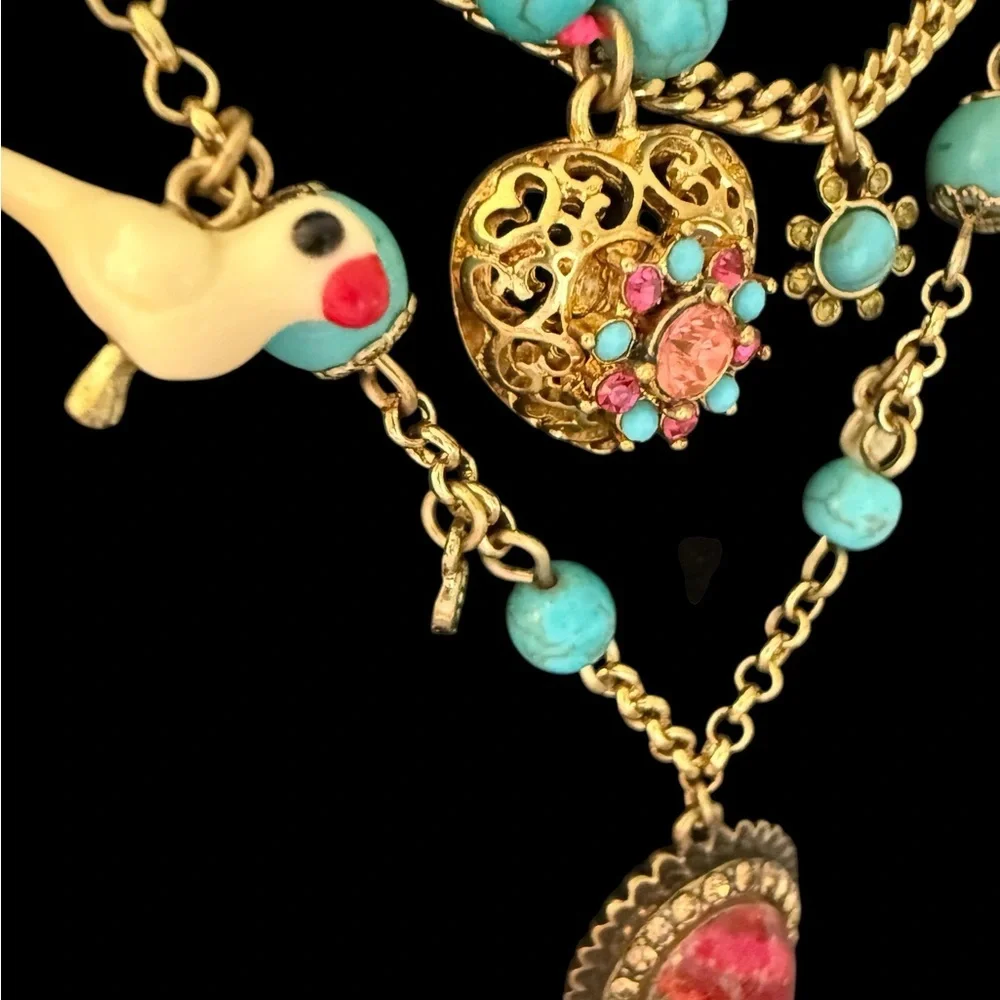 Betsey Johnson Layered Charm Necklace Turquoise Beads,Heart Locket,Bird Pendant